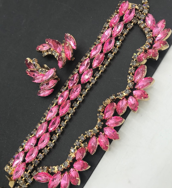 Vintage Jewelry Set, pink rhinestone necklace bra… - image 6