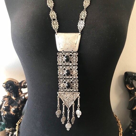 Huge Pendant Silver Tone Metal Long Necklace Collectible Statement