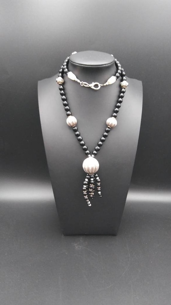 Black glass & Sterling beaded necklace