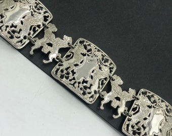 Lucien Piccard Designer Bracelet, High End Couture Lion Jewelry, silver tone metal bracelet, vintage signed 1960s 1970s jewelry