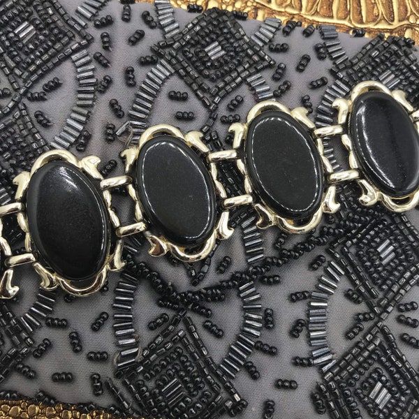 Black Lucite cabochon chunky bracelet, collectible vintage costume jewelry