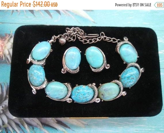 1950s 1960s aqua cabochon necklace earring retro r