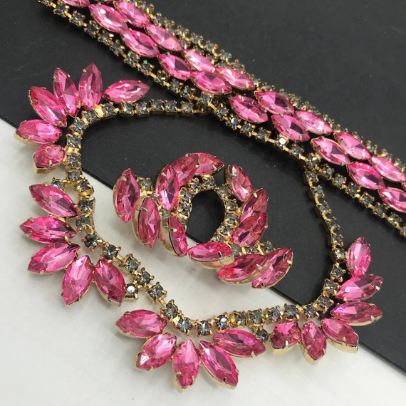 Vintage Jewelry Set, pink rhinestone necklace bra… - image 2