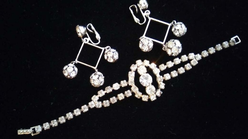 1950/'s High End Hard To Find Rare Jewelry Old Hollywood Glamour Vintage Rhinestone Dangle Earring /& Chunky Bracelet Lot