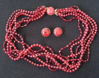 Vintage Burgundy 7 Strand Lucite Beaded Necklace & Clip On Earrings Jewelry Set, 1950's 1960's