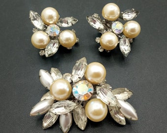 Judy Lee Jewelry Set, Vintage Faux Pearl Aurora Borealis Rhinestone Clip on Earrings & Brooch Set, 1950's 1960's Gift for Jewelry Lover