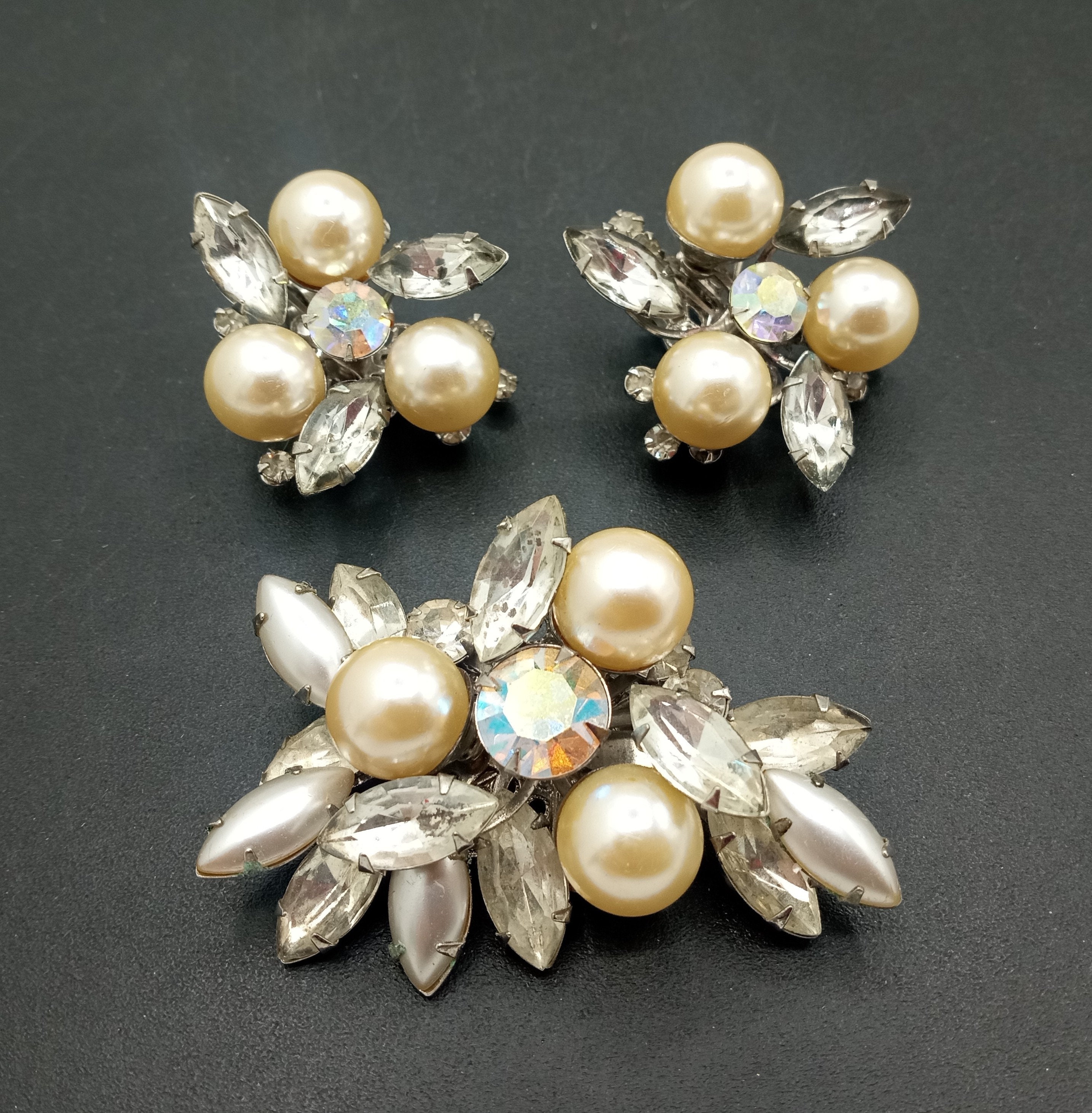 Judy Lee Jewelry Set, Vintage Faux Pearl Aurora Borealis