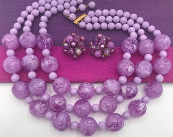 Vintage 3 Strand Purple Necklace Beaded W Germany Earring Set - 1950's 1960's Mid Century Collectible Costume Retro Rockabilly Jewelry