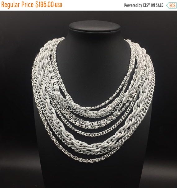 Silver tone metal 10 Strand statement necklace