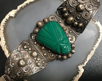 Sterling Silver & Green Stone Aztec Warrior Face Wide Signed Mexico 925 Plata Bracelet, Vintage Gift for Sterling Jewelry Lover