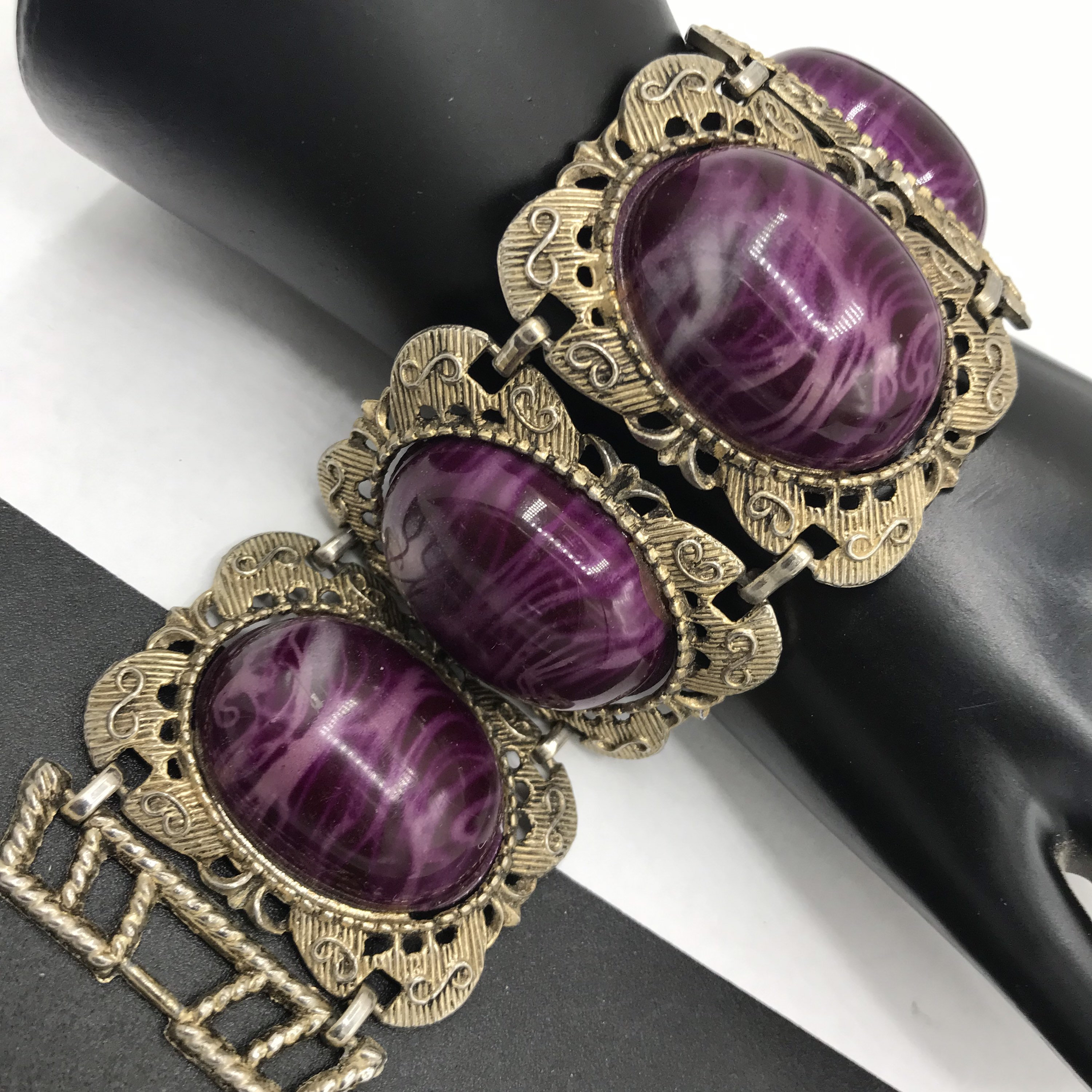 1960's Purple Lucite Bracelet, Victorian Revival Chunky Mid