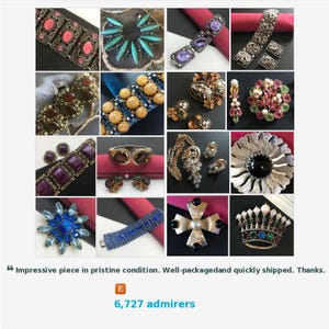 May include: A collection of vintage jewelry pieces, including bracelets, necklaces, earrings, and brooches. The jewelry features various gemstones, rhinestones, and metalwork in a variety of colors and designs. The image includes the text "Impressive piece in pristine condition."