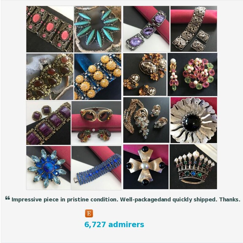 May include: A collection of vintage jewelry pieces, including bracelets, necklaces, earrings, and brooches. The jewelry features various gemstones, rhinestones, and metalwork in a variety of colors and designs. The image includes the text "Impressive piece in pristine condition."