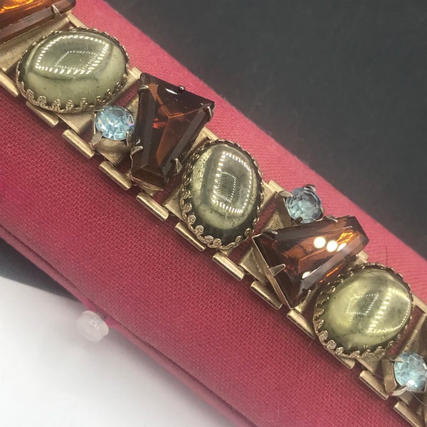 Vintage Rhinestone Bracelet, Chunky Brown & Greyish Black Stone Bracelet, Stunning Old Hollywood Glamour Jewelry, Collectible Gift Idea