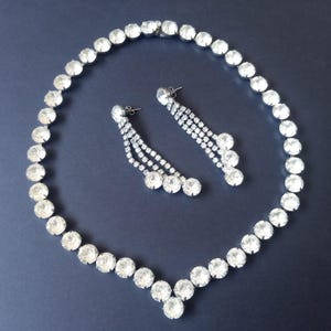 Vintage Rhinestone Necklace & Dangle Drop Pierced Earrings Jewelry Set 1960&#39;s 1970&#39;s