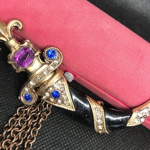Vintage Brooch, Retro Coat Of Arms Rhinestone Brooch, 1960's Collectible, Heraldic Pin, Sword Jewelry, Unisex Gift
