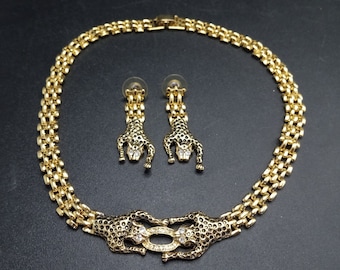 Vintage Leopard Rhinestone Necklace & Pierced Earrings Jewelry Set, 1970's 1980's Jewelry