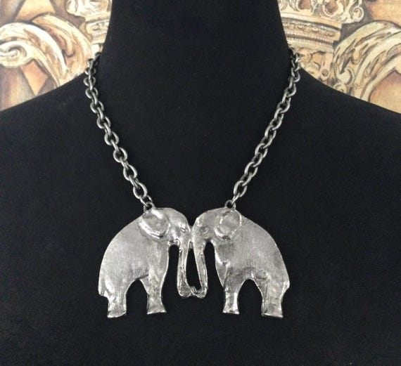 Vintage Statement Silvertone Double Elephant Pend… - image 3