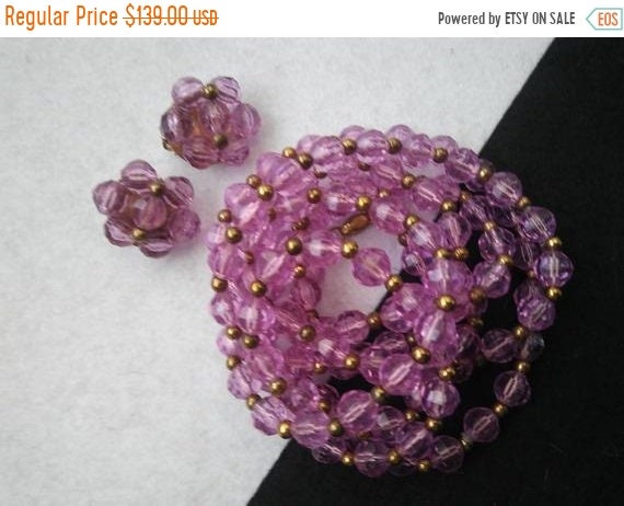 Long lavender lucite necklace cluster earring set,