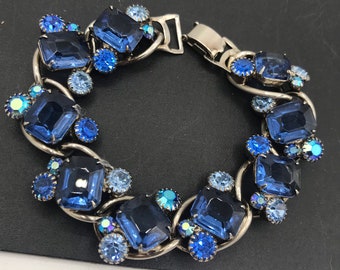 Cobalt blue & light blue rhinestone art deco mid-century Bracelet, collectible costume 1940s 1950s  jewelry