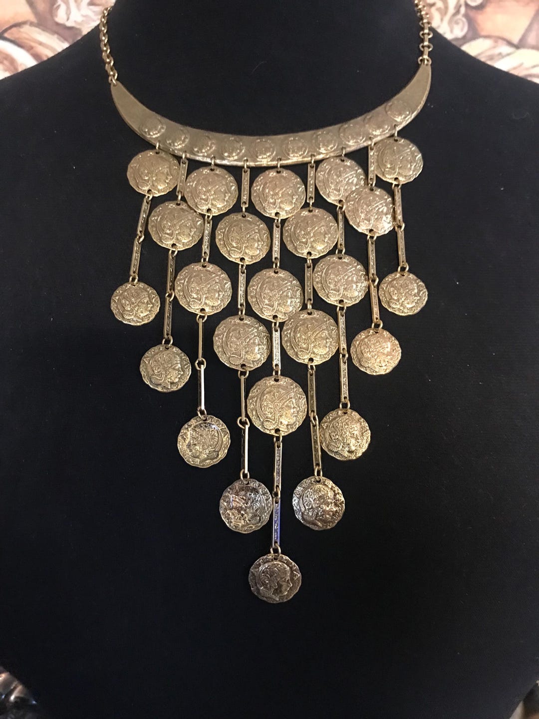 Vintage Designer Signed Vendome Coin Bib Necklace 60's 70's