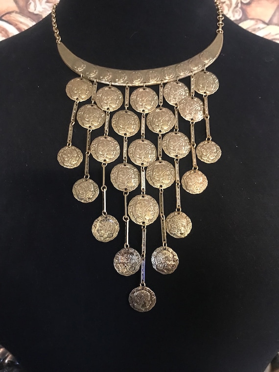 Vintage Designer Signed Vendome Coin Bib Necklace 60's 70's