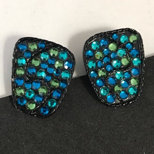 Designer Signed Capri Aqua Blue Green Rhinestone Big Button Clip On Earrings