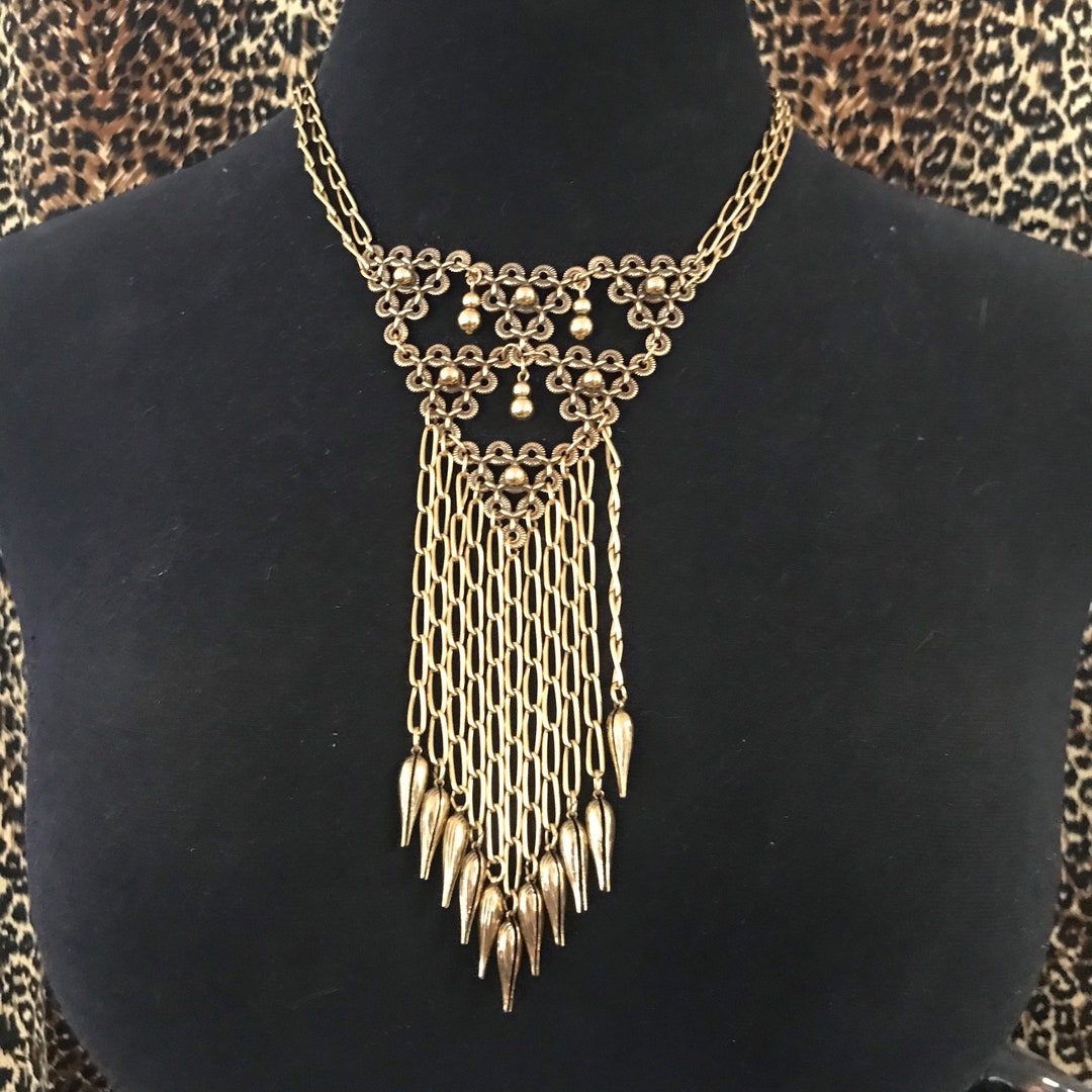 Vintage Statement Necklace, Bib Tassel Fringe Necklace, Gold Pendant Necklace, 1960's