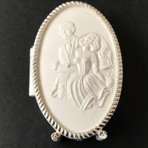 Rocket Jewelry Box Inc. Signed Box, Vintage White Celluloid Bride Groom Plastic Trinket Box, 1950&#39;s 1960&#39;s Collectible
