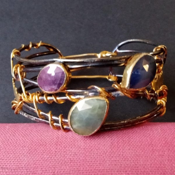 Vintage Glass Cabochon Mixed Metals Cuff Bracelet