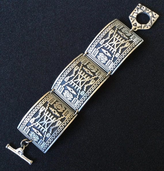 Alice Seely 2000 Signed Vintage Silver Tone Black Panel Bracelet