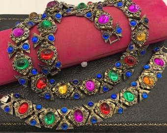 Mogul Colorful Necklace Bracelet Set 70s Rhinestone Jewels of India Statement Runway Jewelry Red Purple Blue Retro Mughal Gift for Her