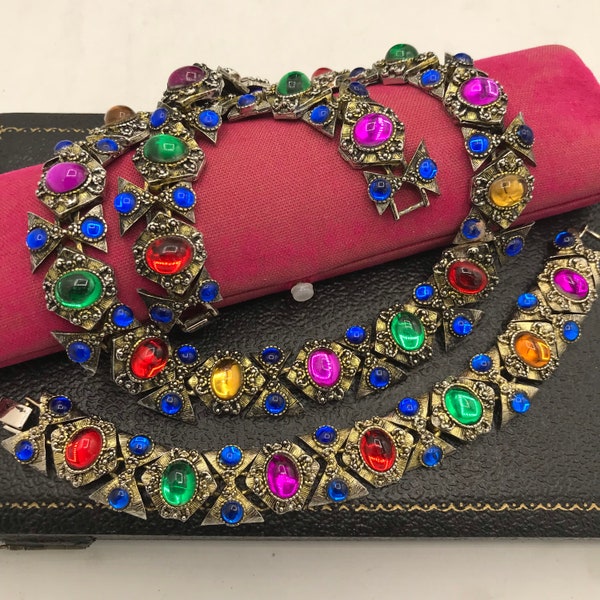 Mogul Colorful Necklace Bracelet Set 70s Rhinestone Jewels of India Statement Runway Jewelry Red Purple Blue Retro Mughal Gift for Her