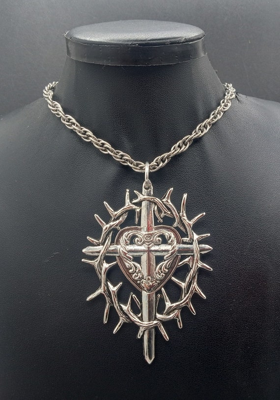 Vintage Silver Tone Cross Heart Pendant Necklace, 
