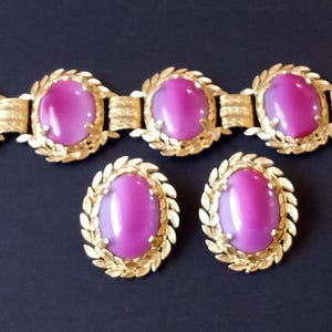 Judy Lee Signed Vintage Pink Glass Stone Chunky Bracelet & Clip On Earrings Jewelry Set, 1950&#39;s 1960&#39;s Collectible Jewelry, Vintage Present