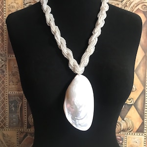 Vintage Beaded Large Shell Pendant Necklace, 1960&#39;s 1970&#39;s Beach Jewelry