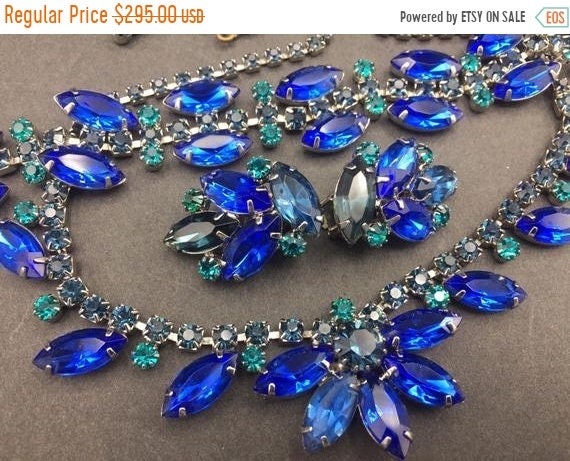 Cobalt blue rhinestone 1950s 1960s necklace bracel