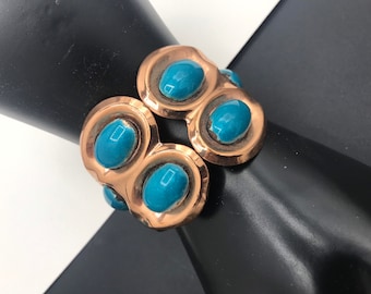 Matisse Renoir WIDE Copper TURQUOISE Enamel Clamper Cuff Designer Signed BRACELET, 1960's 1970's Collectible Vintage Jewelry