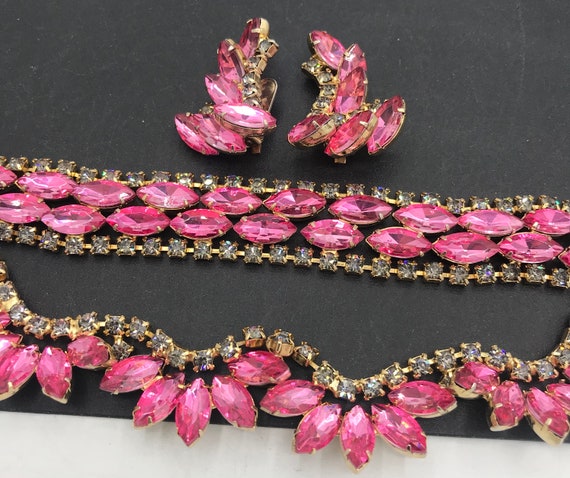 Vintage Jewelry Set, pink rhinestone necklace bra… - image 7