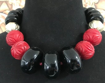 Large statement necklace, versatile jewelry, high end collectible, gift for her, black, red thick beaded Jewelry