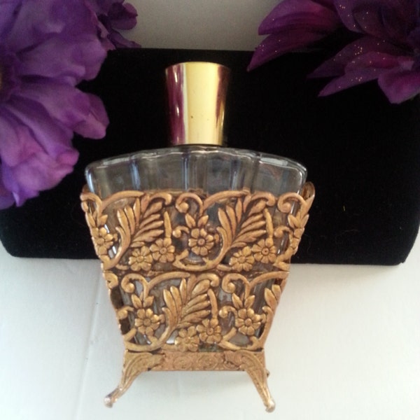 Ornate Gold Perfume Bottle, Mid Century 1950's Hollywood Regency Home Decor, Collectible Vanity Display Bottle, Vintage Perfume