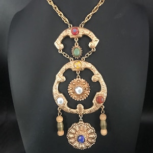 Florenza ornate colorful rhinestone designer signed pendant necklace