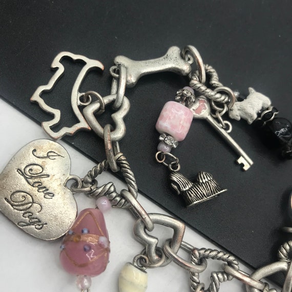Vintage Dog Charm Bracelet, Bone Heart Key Rhines… - image 4