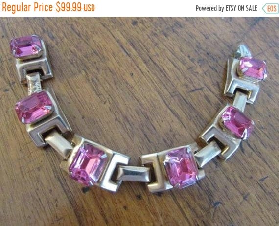 Pink Rhinestone Bracelet, Vintage Chunky Wide Jew