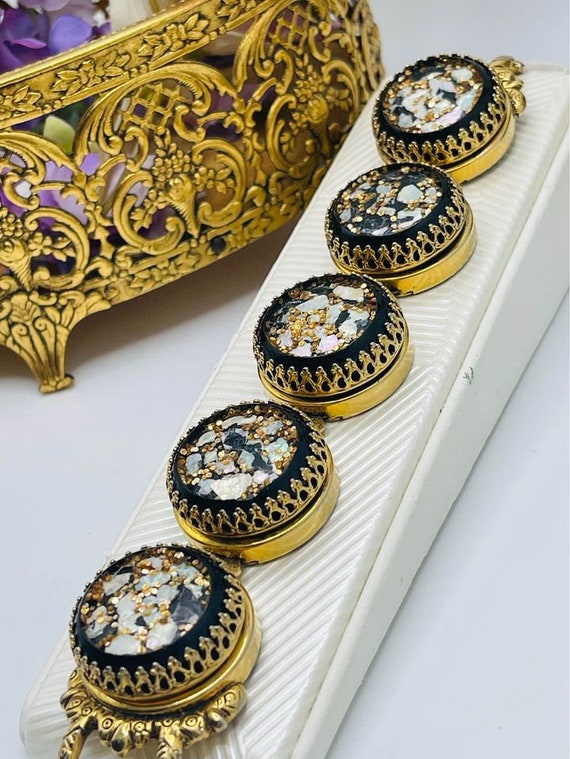 Vintage Glitter Black & Gold Chunky Bracelet - Mi… - image 1