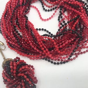 Colorful Red & Black Multi Strand Long Necklace Earring Set, Lucite Vintage Jewelry Demi Parure