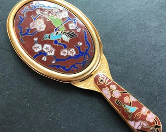 Very nice bird motif goldtone metal maroon colored enamel small hand held mirror, vintage vanity home decor display