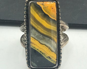 Large Bumblebee Jasper Sterling Silver Ring, Designer Singed GLO Ring, Unisex men's women's collectible high-end ring, Size 8 1/2, Gift Idea