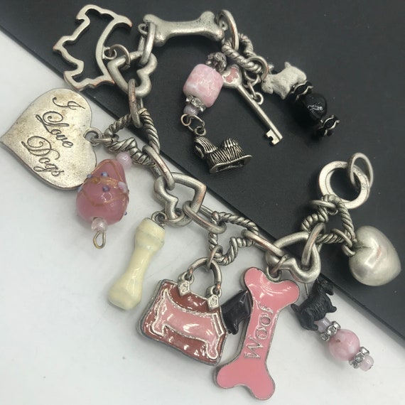 Vintage Dog Charm Bracelet, Bone Heart Key Rhines… - image 9