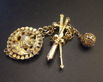 Vintage Knight Sword Fleur De Lis Ball & Chain Double Brooch, 1950's 1960's Heraldic Coat of Arms Style Jewelry